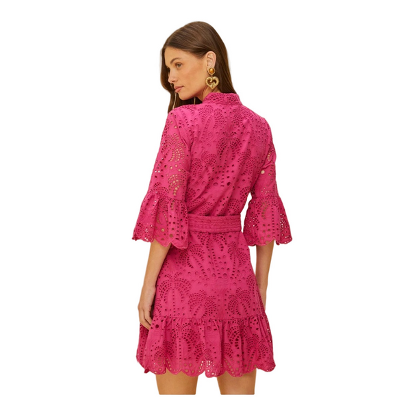 NWT FARM RIO PINK PALM TREE Print Fuchsia Eyelet Ruffle Lace Boho Mini Dress - Picture 3 of 11